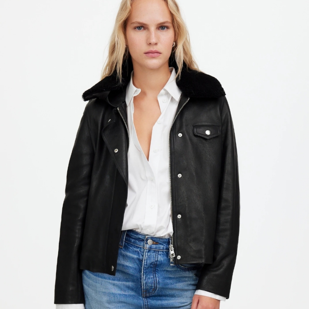 Madewell Sherpa-Collar Asymmetric Zip-Front Jacket in Leather NS382 SZ XXS Black
